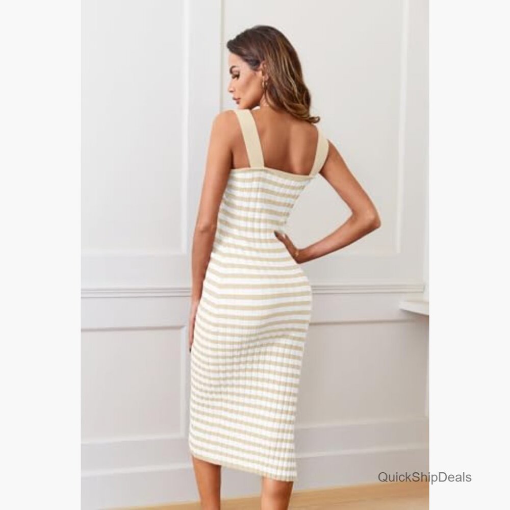 Sleeveless Ribbed Knit Midi Dress Bodycon Striped Backless Square Neck - Picture 3 of 7